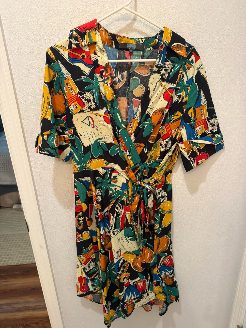 Eva Franco Black Tropical-Print Wrap Midi Dress